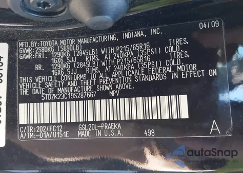 2009 Toyota Sienna Le из США, поврежденный, VIN 5TDZK23C19S287667